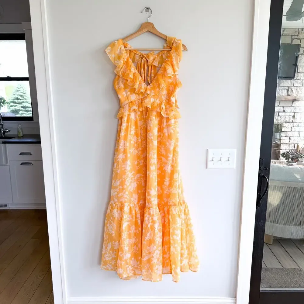 Abercrombie & Fitch Floral Ruffles Sleeveless V-Neck Maxi Dress Yellow M NWT